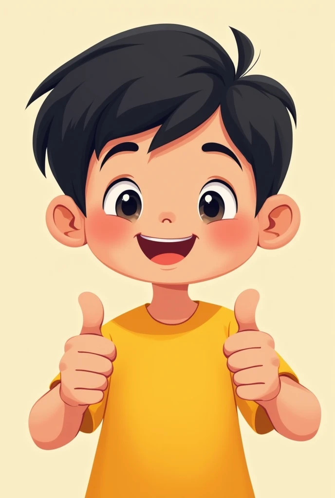 cartoon boy with a yellow shirt and black hair giving a thumbs up, simple cartoon style, cartoon artstyle, happy expression, avatar image, ruan cute vtuber, in cartoon style, cartoon style illustration, smiling expression, cartoonish and simplistic, cartoon art style, cartoon portrait, cartoonish cute, cartoonish vector style, with a happy expression