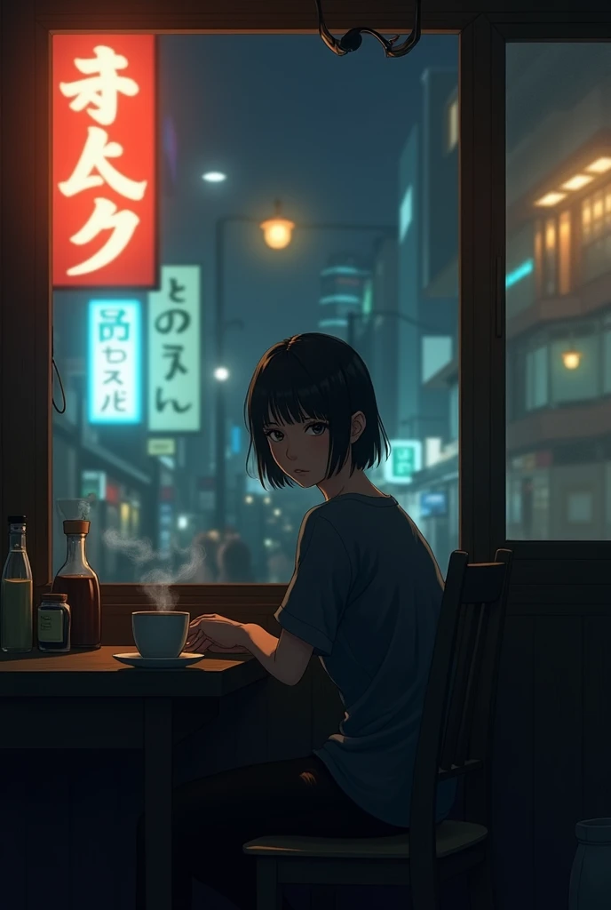 Staring at me in the cafe,The background is a photo-realistic cafe, Japan's late Night, Lonely image --ar 9:16. cw100.--v 6.1. no skyscraper