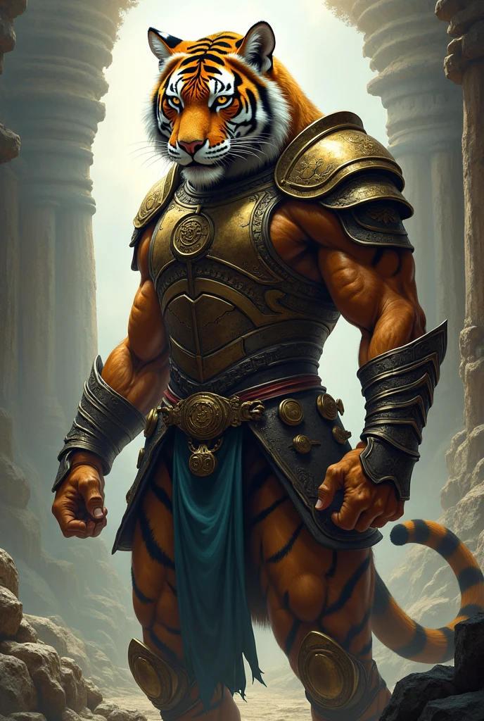 Antro male tiger knight holding a two-handed great sword, alone, arrogant expression, masterpiece, Best Art, whole body, by violinist taran, detailed eyes, detailed body, claws, high, top-less, Pecs, ABS, shoulder pads, standing, short black and blue loincloth