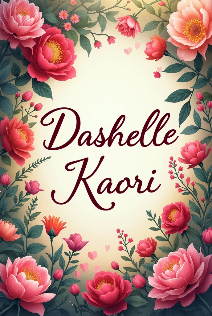 Write the name Dashelle Kaori in cursive and surrounded by flowers
