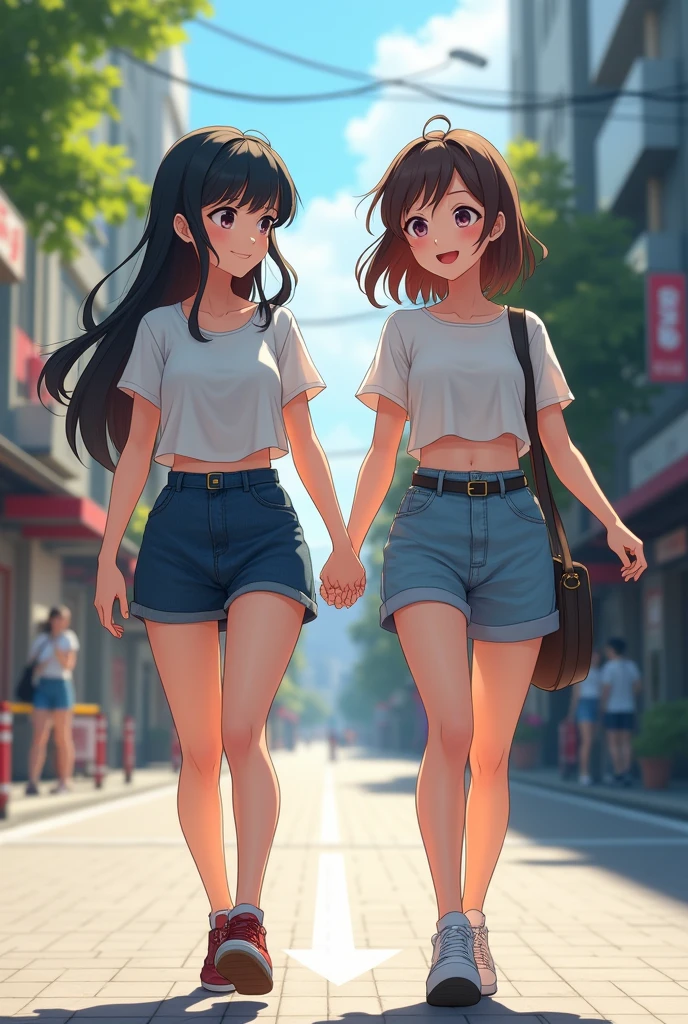 Two young woman together, they are walking in the street, they are holding hands, it's a friendly vibe, one of them has black hair and she's really beautiful, the other is a litte bit ugly and very fat, they wear little skirts and t-shirts, daylight scene, anime style, realistic wide shot