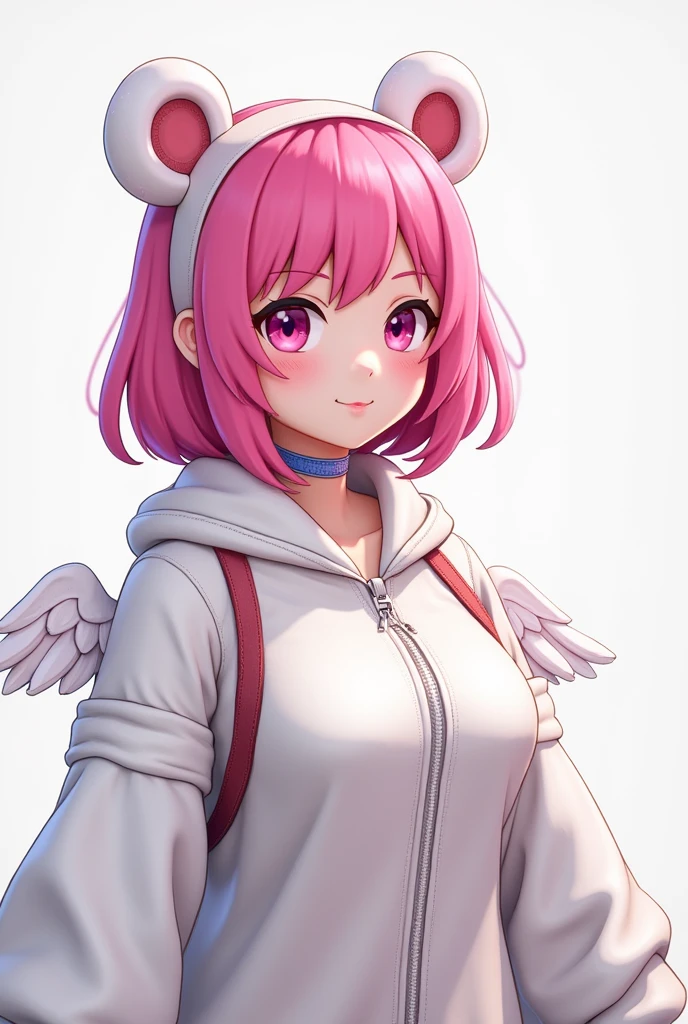 A character from the game Free Fire with pink hair, headband with bear ears, white clothes with wings on the back 