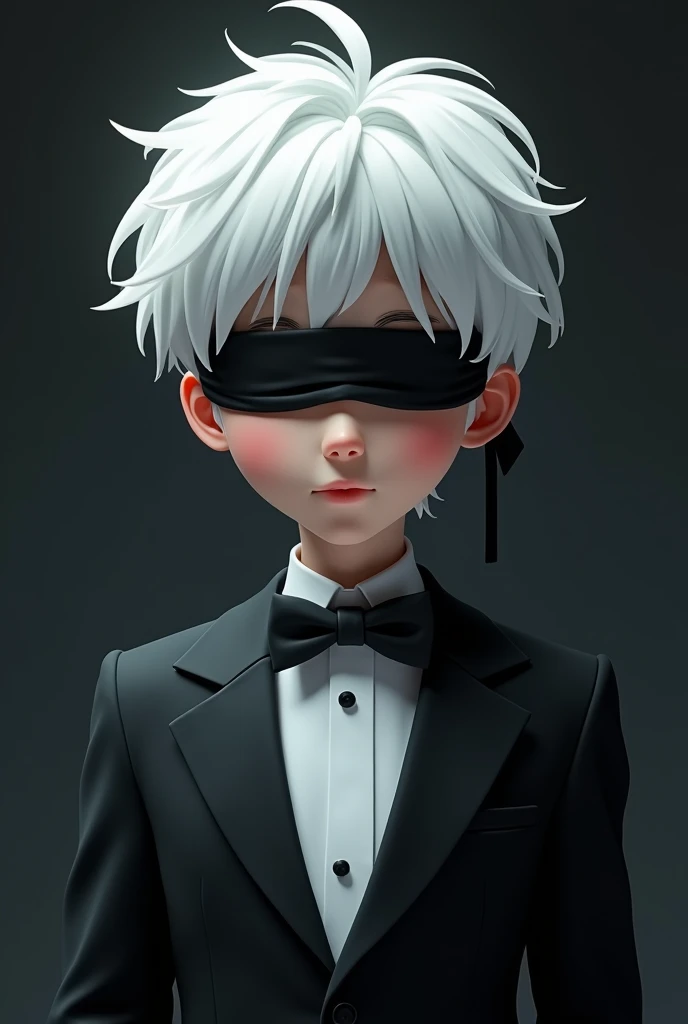  animated boy wearing black tuxedo, black blindfold with white hair like gojo in dark background 