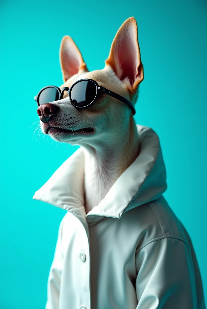 The best cell phone wallpaper, Award-Winning Wallpaper, portrait photography, In the front view is a portrait of a cute dog wearing mid-1960s space age fashion, Side view photo, Shot with Canon EOS R5, Set a strong contrast that accentuates the subject, Fluorescent blue tone, Wearing a very modern coat and sunglasses is a modern 1960s style, Clothes all in one color, beautiful background