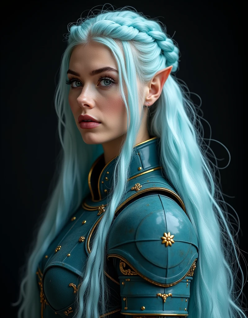 GORGEOUS VALKYRIE , WARRIOR WOMAN, BUST IMAGE STYLE, STUDIO IMAGE STYLE, BLACK INFINITE BACKGROUND, DIFFUSED LIGHTS ON FACE, BACK LIGHTS ON HAIR, LUMINOUS PINK BLUE HAIR, CLOSE FACE SHOT, HUGE LONG HAIR, HUGE STRAIGHT LONG HAIR, BRAID HAIR STYLE, PLATINUM EYEBROWS, VERY PALE SKIN, LUMINOUS SKIN, FEMALE FAIRY, TOLKIEN MITHOLOGY, EXPOSED LONG TIP EARS, HIGH CHEEKBONES, ROSY CHEEKS, GORGEOUS LIPS, SOFT LIPSTICK, GORGEOUS CURVY BODY, SOFT MUSCLES, VOLUMOUS BREASTS, BLUE GREEN ARMOUR, FULL BODY ARMOUS, FLAT BOOTS, NECK CLEAVAGE, LONG BRACELETS, GOLD DETAILS, GOLDEN HEADBAND , ENIGMATIC FACE EXPRESSION, SIDE FACE VIEW, EYES LOOKING UP, TOLKIEN MITHOLOGY, HIGH QUALITY IMAGE, MASTERPIECE, 8K