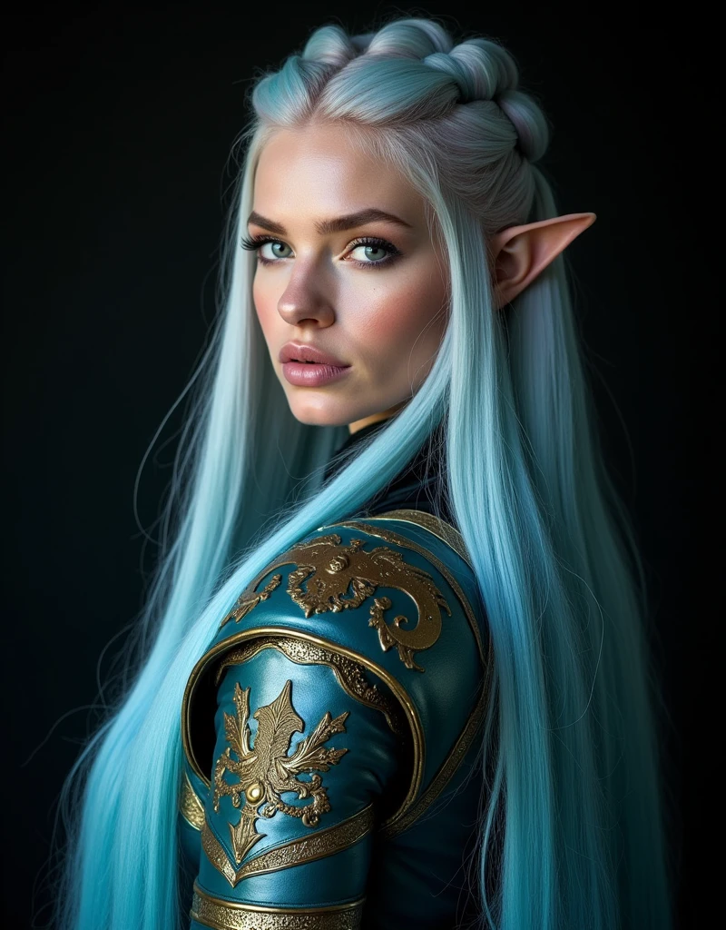 GORGEOUS VALKYRIE , WARRIOR WOMAN, BUST IMAGE STYLE, STUDIO IMAGE STYLE, BLACK INFINITE BACKGROUND, DIFFUSED LIGHTS ON FACE, BACK LIGHTS ON HAIR, LUMINOUS PINK BLUE HAIR, CLOSE FACE SHOT, HUGE LONG HAIR, HUGE STRAIGHT LONG HAIR, BRAID HAIR STYLE, PLATINUM EYEBROWS, VERY PALE SKIN, LUMINOUS SKIN, FEMALE FAIRY, TOLKIEN MITHOLOGY, EXPOSED LONG TIP EARS, HIGH CHEEKBONES, ROSY CHEEKS, GORGEOUS LIPS, SOFT LIPSTICK, GORGEOUS CURVY BODY, SOFT MUSCLES, VOLUMOUS BREASTS, BLUE GREEN ARMOUR, FULL BODY ARMOUS, FLAT BOOTS, NECK CLEAVAGE, LONG BRACELETS, GOLD DETAILS, GOLDEN HEADBAND , ENIGMATIC FACE EXPRESSION, SIDE FACE VIEW, EYES LOOKING UP, TOLKIEN MITHOLOGY, HIGH QUALITY IMAGE, MASTERPIECE, 8K