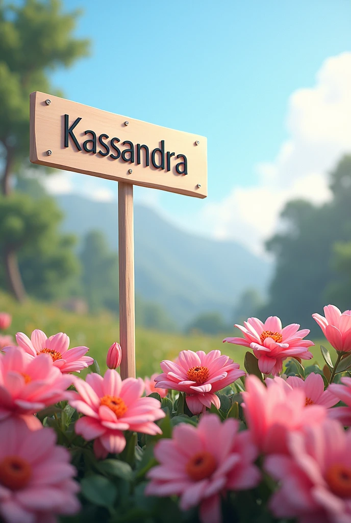 Realistic background with pink flowers and a sign on top that says Kassandra