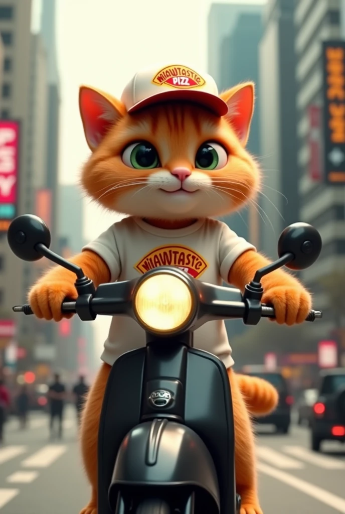 A stunningly realistic 3D render of a charming, smiling orange cat, with a slightly round face and large green eyes. The cat is dressed in its adorable "Miawtastic Pizza" uniform, consisting of a white shirt emblazoned with the brand's logo and a matching hat. The feline is skillfully riding a sleek black "Miawtastic Pizza" scooter down a bustling city street, complete with a rear delivery box. The intricate background showcases a busy urban landscape, capturing the essence of motion and realism with motion blur and detailed textures., illustration, photo, 3d render, cinematic
