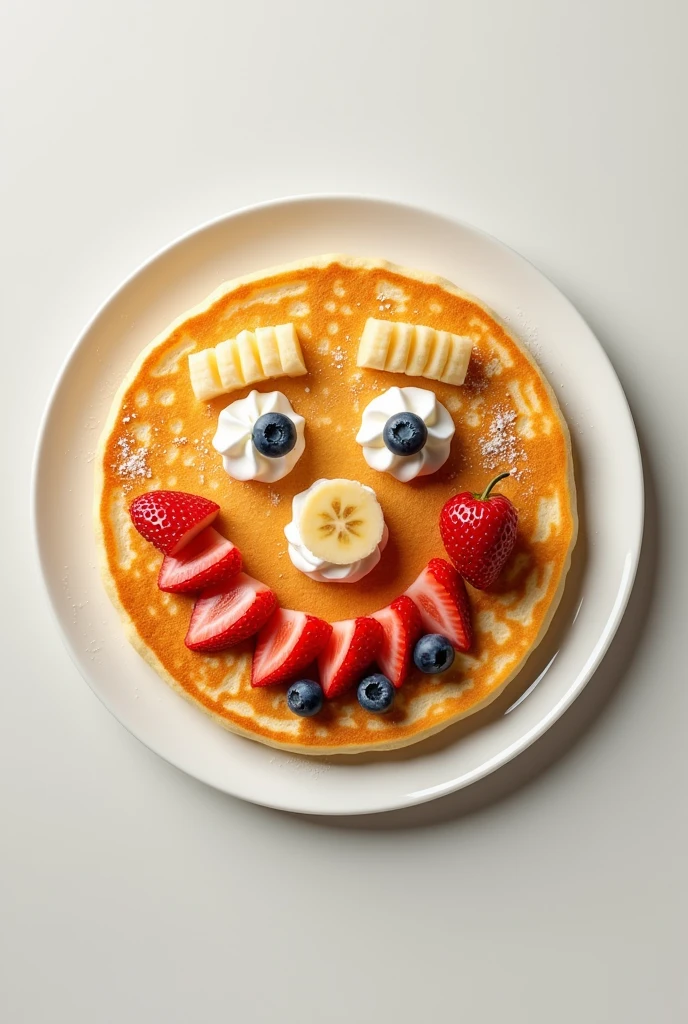 Happy face on plate of pancakes with fruit