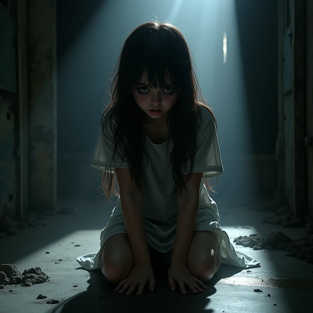 dark scene, long shot, a little girl with six arms, crying and suffering in a dirty floor, dirty dark walls, dark and gross room, horror scene, darkness, terrific, bloody, dirty, dark mood, suffering, pain