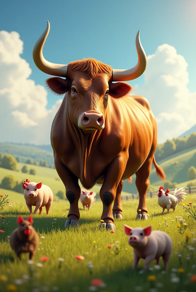 Realistic imposing cow with pigs, chickens and hens on pasture