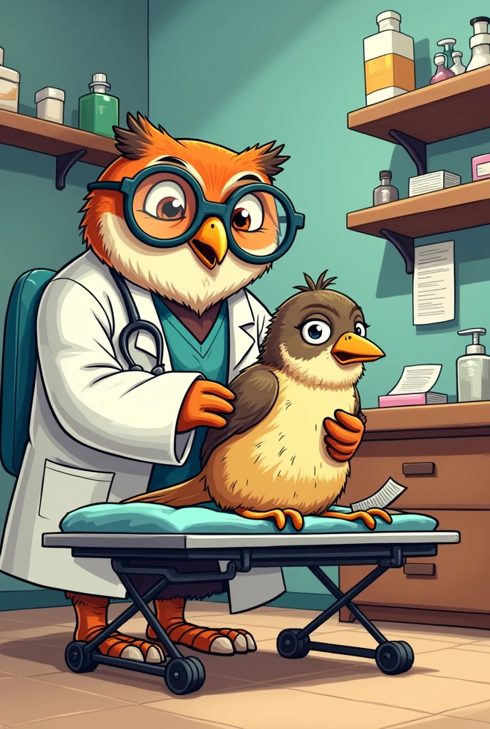 Drawing of a doctor who is an owl and is attending to a bird on a stretcher in comic style


