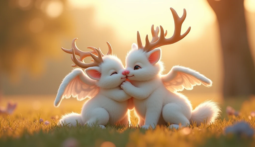 Her hangi bir hayvan, playing together, 32K UHD, warm tone, afternoon sunlight, white fur, pink snout, antlers, white wings