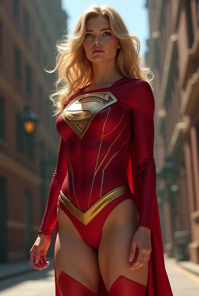 a full length image of Superman in a dynamic pose, but imagine that his body is replaced with that of Elastigirl. He now has her shapely figure, female anatomy and feminine muscle tone, and his costume is modified to compensate for the new proportions. Highly detailed digital painting using octane rendering engine