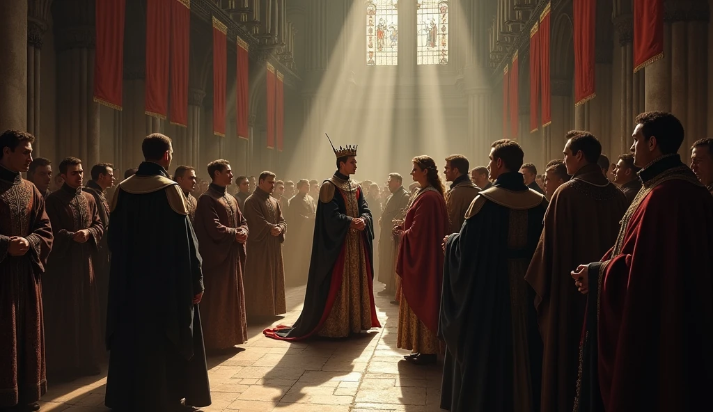 A cinematic and evocative painting in the style of Edmund Blair Leighton, capturing the coronation of Philip VI of Valois, shrouded in an atmosphere of tension and uncertainty. The scene is set in a grand, dimly lit cathedral with towering Gothic arches that cast long, ominous shadows across the stone floor. Philip VI stands at the center, robed in regal but heavy attire, as the crown is placed upon his head. His expression is a mix of pride and deep concern, his eyes betraying the weight of a throne contested by rival claimants. Surrounding him are courtiers, bishops, and nobles, their faces a blend of skepticism, anxiety, and hidden agendas, reflecting the fragile nature of his claim. The background features the faint outlines of rival banners, subtly hinting at the looming conflict. The lighting is dramatic, with beams of light filtering through stained glass windows, illuminating Philip while the rest of the room is cloaked in deep, foreboding shadows, emphasizing the uncertainty o, Surrealism, Hyperrealism, UHD, retina, masterpiece, accurate, anatomically correct, textured skin, super detail, best quality, 16k