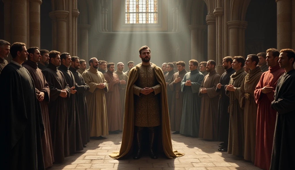 A cinematic and evocative painting in the style of Edmund Blair Leighton, capturing the coronation of Philip VI of Valois, shrouded in an atmosphere of tension and uncertainty. The scene is set in a grand, dimly lit cathedral with towering Gothic arches that cast long, ominous shadows across the stone floor. Philip VI stands at the center, robed in regal but heavy attire, as the crown is placed upon his head. His expression is a mix of pride and deep concern, his eyes betraying the weight of a throne contested by rival claimants. Surrounding him are courtiers, bishops, and nobles, their faces a blend of skepticism, anxiety, and hidden agendas, reflecting the fragile nature of his claim. The background features the faint outlines of rival banners, subtly hinting at the looming conflict. The lighting is dramatic, with beams of light filtering through stained glass windows, illuminating Philip while the rest of the room is cloaked in deep, foreboding shadows, emphasizing the uncertainty o, Surrealism, Hyperrealism, UHD, retina, masterpiece, accurate, anatomically correct, textured skin, super detail, best quality, 16k
