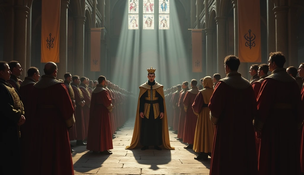 A cinematic and evocative painting in the style of Edmund Blair Leighton, capturing the coronation of Philip VI of Valois, shrouded in an atmosphere of tension and uncertainty. The scene is set in a grand, dimly lit cathedral with towering Gothic arches that cast long, ominous shadows across the stone floor. Philip VI stands at the center, robed in regal but heavy attire, as the crown is placed upon his head. His expression is a mix of pride and deep concern, his eyes betraying the weight of a throne contested by rival claimants. Surrounding him are courtiers, bishops, and nobles, their faces a blend of skepticism, anxiety, and hidden agendas, reflecting the fragile nature of his claim. The background features the faint outlines of rival banners, subtly hinting at the looming conflict. The lighting is dramatic, with beams of light filtering through stained glass windows, illuminating Philip while the rest of the room is cloaked in deep, foreboding shadows, emphasizing the uncertainty o, Surrealism, Hyperrealism, UHD, retina, masterpiece, accurate, anatomically correct, textured skin, super detail, best quality, 16k