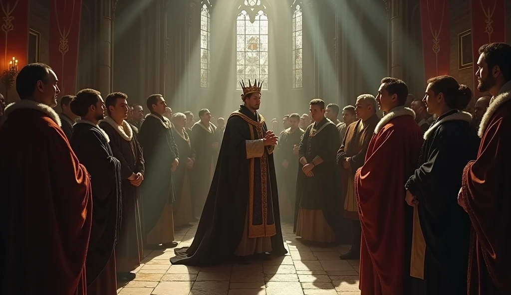 A cinematic and evocative painting in the style of Edmund Blair Leighton, capturing the coronation of Philip VI of Valois, shrouded in an atmosphere of tension and uncertainty. The scene is set in a grand, dimly lit cathedral with towering Gothic arches that cast long, ominous shadows across the stone floor. Philip VI stands at the center, robed in regal but heavy attire, as the crown is placed upon his head. His expression is a mix of pride and deep concern, his eyes betraying the weight of a throne contested by rival claimants. Surrounding him are courtiers, bishops, and nobles, their faces a blend of skepticism, anxiety, and hidden agendas, reflecting the fragile nature of his claim. The background features the faint outlines of rival banners, subtly hinting at the looming conflict. The lighting is dramatic, with beams of light filtering through stained glass windows, illuminating Philip while the rest of the room is cloaked in deep, foreboding shadows, emphasizing the uncertainty o, Surrealism, Hyperrealism, UHD, retina, masterpiece, accurate, anatomically correct, textured skin, super detail, best quality, 16k
