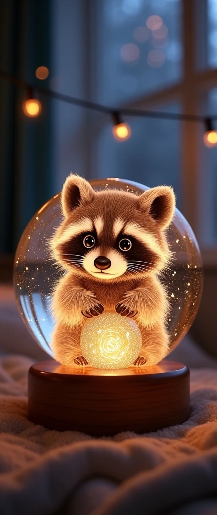 A captivating photograph of a cute extra fluffy baby realistic raccoon 3D Laser Engraved Crystal Ball Lamp, Multicolor Night Light, product