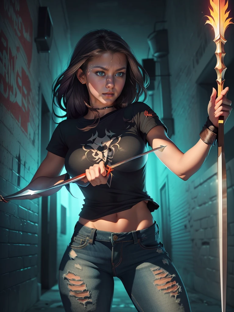 /imagine prompt:young woman with black hair and blue eyes stands in the distance in front of a dark magic portal with a sword in her hand, she is sad and angry and about to enter the portal, walking towards it, shiny jeans, boots and leather jacket, big red lips, symmetrical, intricate, elegant, highly detailed, beautiful face , long shot, digital painting, arts station, concept art, matte, sharp focus, illustration, hearthstone , art by artgerm and greg rutkowski and Alphonse Mucha, 8k.
