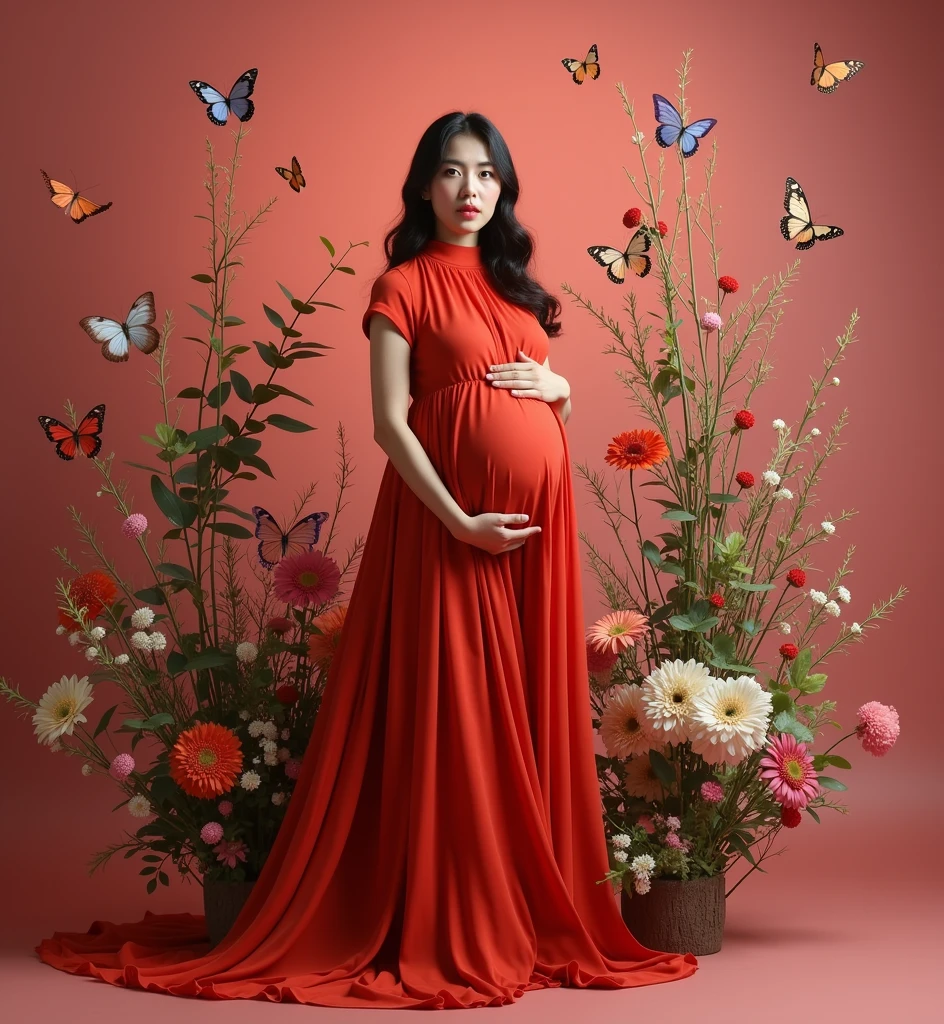 pregnant woman in red dress surrounded by butterflies and flowers, a digital rendering inspired by Tang Yifen, shutterstock contest winner, conceptual art, maternal photography 4 k, full body portrait shot, award winning studio photo, full body photograph, full body portrait, color studio portrait, whole body photography, woman in flowers, portrait photo of a backdrop, korean artist