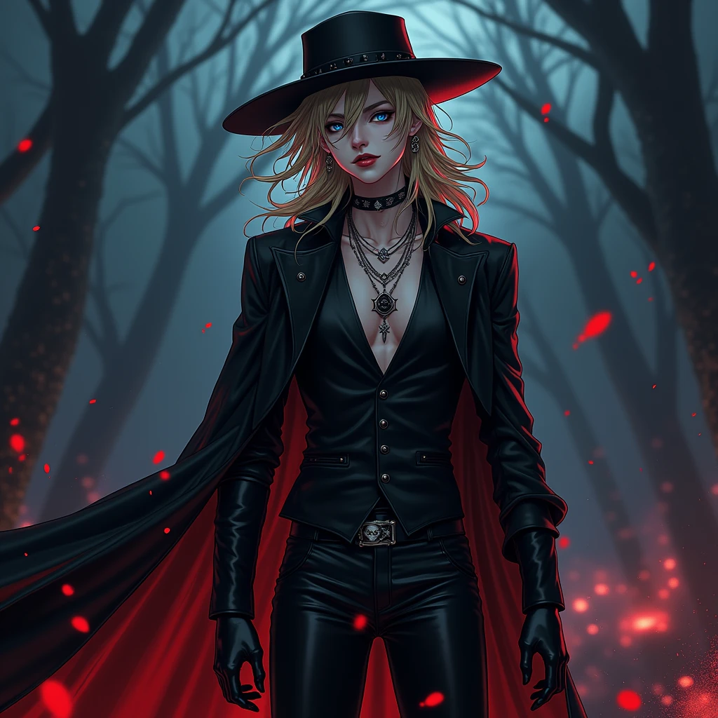 a male, with long dirty blonde hair, Blue eyes, long lashes, delicate features, spooky makeup, a black hat, black gloves, and sexy black clothes. a long sword in hand. blood splatter. Absolute God.  Mysterious. midnight. Anime style. Sexy. Smirking mischievously. Red lips. Black eyeliner. With lip ring piercing.Very tight clothes. Shiny. Leather. Dark. (((masterpiece)) ((pretty well drawn)) ((attractive features)) (excellent quality) ((lip ring piercing) A black hat. Black earrings. Necklace. Sexy. Glowing colors. (Sexy pose) ((Hot male)) Ring lip piercing. Long black leather boots. Long black swaying coat.