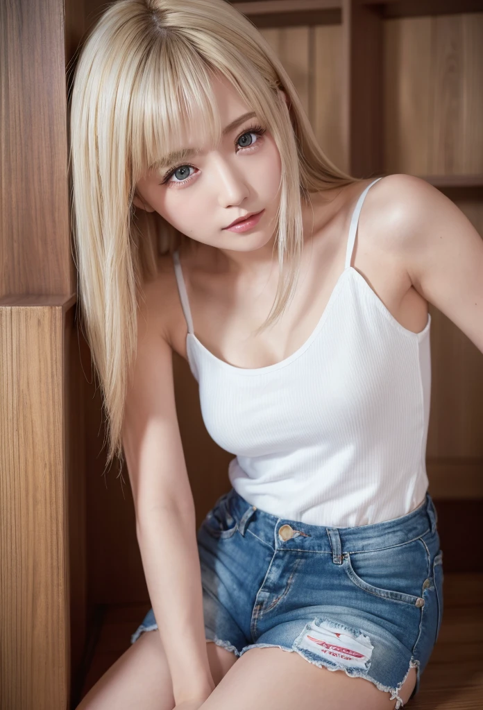 (Highest quality、4K、8k、High resolution、masterpiece:1.2)、Very detailed、(Genuine、Realistic、Realistic:1.3)、blond、middle hair、japanese gal、camisole、short pants