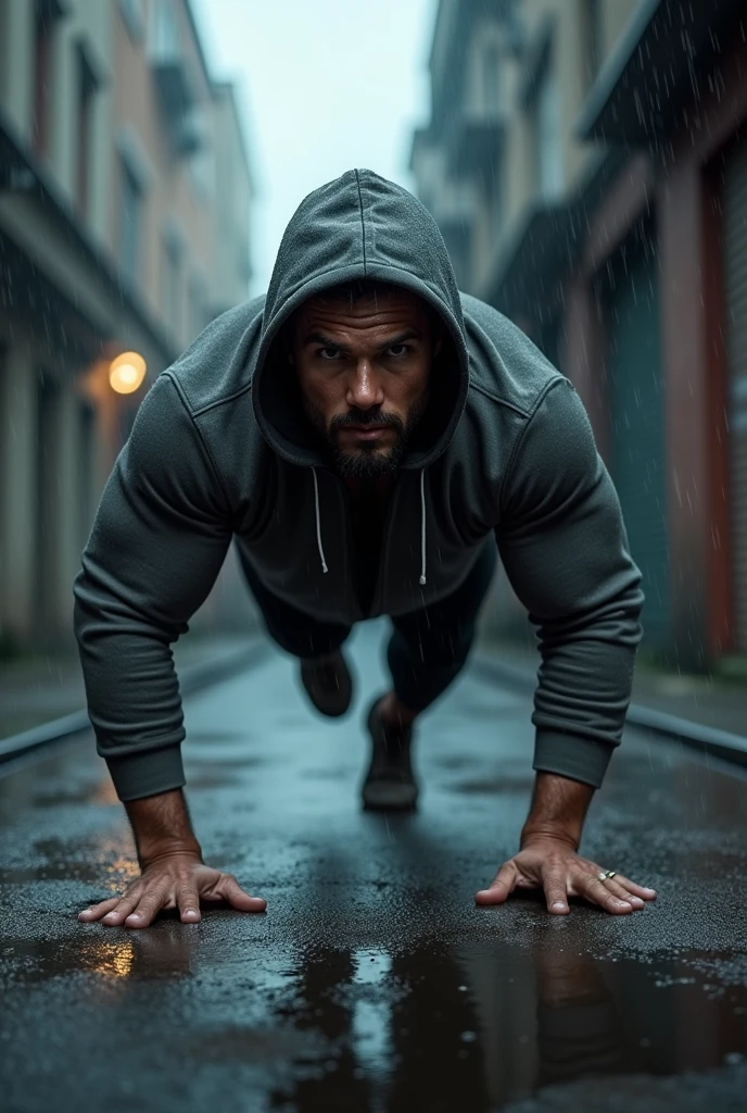 Create a man in the rain wearing a sweatshirt and doing push-ups.
