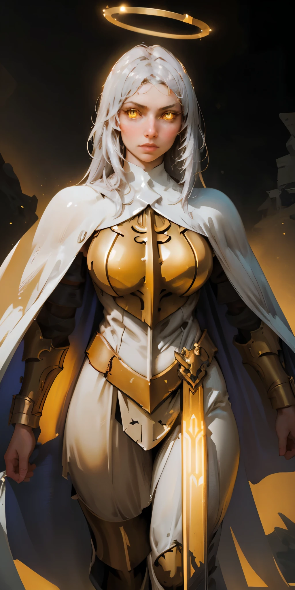 A powerful paladin lady with shimmering white silver hair and glowing yellow eyes stands tall in ornate golden armor. Her cape billows dramatically against a black background, and a halo of light surrounds her head. She gazes directly at the viewer, her fingers crossed confidently.