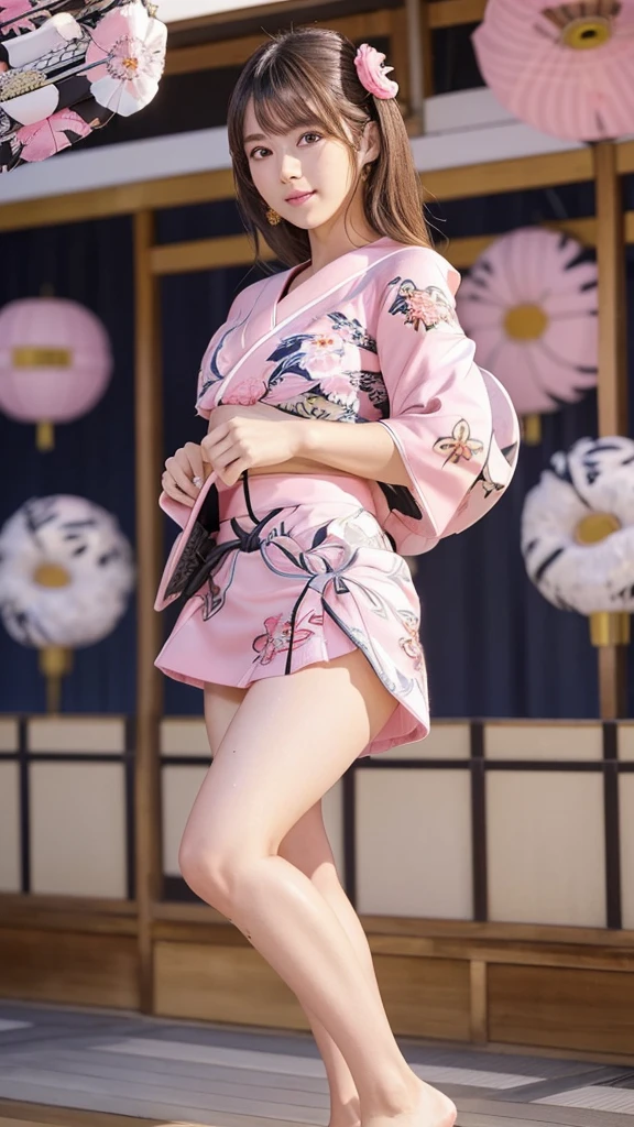 masterpiece, Highest quality,Very detailed,High resolution,(Realistic,photoRealistic:1.37),Excellent anatomy,One beautiful woman,1,Sexy Idol,(((Focus on the thighs:1.5))),(((no panties:1.6))),A small smile,(((Sexy and cute))),(((Ultra-mini skirt pink floral yukata:1.6))),((Very delicate and beautiful)),((Lively summer festival background:1.3)),Brown Hair,Long Hair,bangs, Floating Hair NovaFrog Style,Very beautiful face,Cute type,Baby Face,Big Natural Color Lip,(Big and pretty eyes:1.3),Brown eyes,Obvious double,Small and cute nose,Brown eyes,Shiny highlight spots around the eyes,Character Focus,Tilt your head,The best light,Best Shadow,Mysterious perfect face,Very detailed,Soft Skin,(Glowing Skin, Sweaty:1.3)'Beautiful feet, Voluptuous thighs,Plump body,Huge breasts,(Expressing the roundness and softness of the chest),Beautiful body,(The perfect woman)