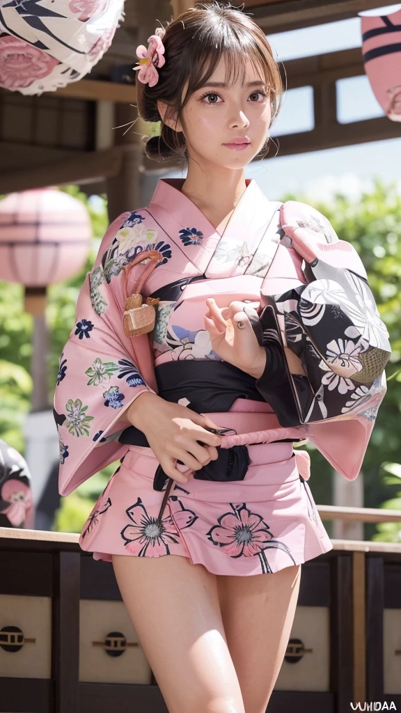 masterpiece, Highest quality,Very detailed,High resolution,(Realistic,photoRealistic:1.37),Excellent anatomy,One beautiful woman,1,Sexy Idol,(((Focus on the thighs:1.5))),(((no panties:1.6))),A small smile,(((Sexy and cute))),(((Ultra-mini skirt pink floral yukata:1.6))),((Very delicate and beautiful)),((Lively summer festival background:1.3)),Brown Hair,Long Hair,bangs, Floating Hair NovaFrog Style,Very beautiful face,Cute type,Baby Face,Big Natural Color Lip,(Big and pretty eyes:1.3),Brown eyes,Obvious double,Small and cute nose,Brown eyes,Shiny highlight spots around the eyes,Character Focus,Tilt your head,The best light,Best Shadow,Mysterious perfect face,Very detailed,Soft Skin,(Glowing Skin, Sweaty:1.3)&#39;Beautiful feet, Voluptuous thighs,Plump body,Huge breasts,(Expressing the roundness and softness of the chest),Beautiful body,(The perfect woman)