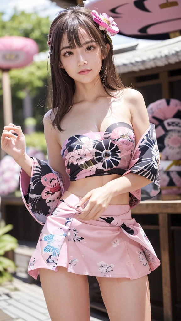 masterpiece, Highest quality,Very detailed,High resolution,(Realistic,photoRealistic:1.37),Excellent anatomy,One beautiful woman,1,Sexy Idol,(((Focus on the thighs:1.5))),(((no panties:1.6))),A small smile,(((Sexy and cute))),(((Ultra-mini skirt pink floral yukata:1.6))),((Very delicate and beautiful)),((Lively summer festival background:1.3)),Brown Hair,Long Hair,bangs, Floating Hair NovaFrog Style,Very beautiful face,Cute type,,Big Natural Color Lip,(Big and pretty eyes:1.3),Brown eyes,Obvious double,Small and cute nose,Brown eyes,Shiny highlight spots around the eyes,Character Focus,Tilt your head,The best light,Best Shadow,Mysterious perfect face,Very detailed,Soft Skin,(Glowing Skin, Sweaty:1.3)&#39;Beautiful feet, Voluptuous thighs,Plump body,Huge breasts,(Expressing the roundness and softness of the chest),Beautiful body,(The perfect woman)