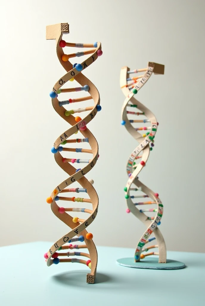 Show me in an image different ways to make a model like this 1. Makes DNA and RNA:
o Use cardboard to create a DNA helix. You can paint and cut out pieces to represent the nitrogenous bases. (A, t, c, g).
o Use a string or thread to represent messenger RNA (mRNA), which will carry the DNA information to the ribosome.
