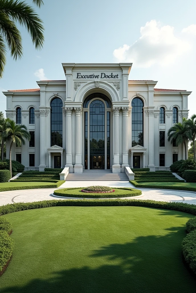 Create a very big headquarters with Singaporean architecture.The words EXECUTIVE DOCKET exposed the compound has a driveway grass and flowers neatly organized no trees I can't see the words Executive Docket on the concrete I want to see the words I want to see the words