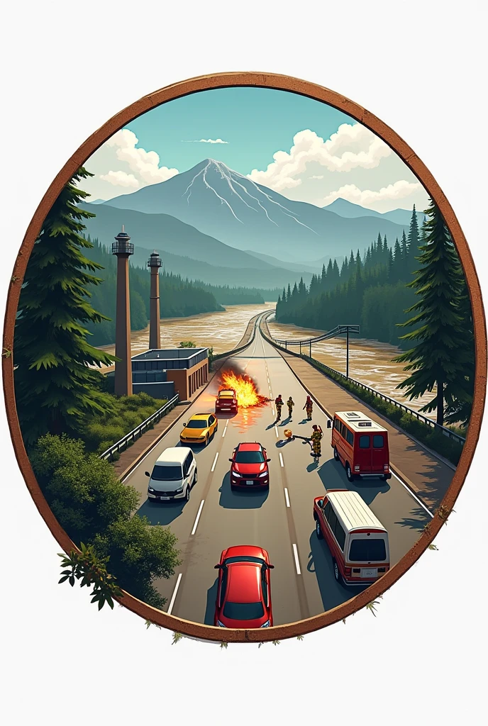 Create a circular badge. In the lower right corner of the circle, place the Paraíba do Sul River, full and with muddy water.. In the middle of the circle, from the bottom to the top, place the Highway with cars following the river in the same direction. Put a car on fire on the highway and firefighters working. In the lower left corner, place a Factory that is clearly highlighted.. In the upper part of the inner circle place the mountains of the peak of the black needles. In the lower left corner of the inside of the circle place the round hemlock forest. Make the image less oval.