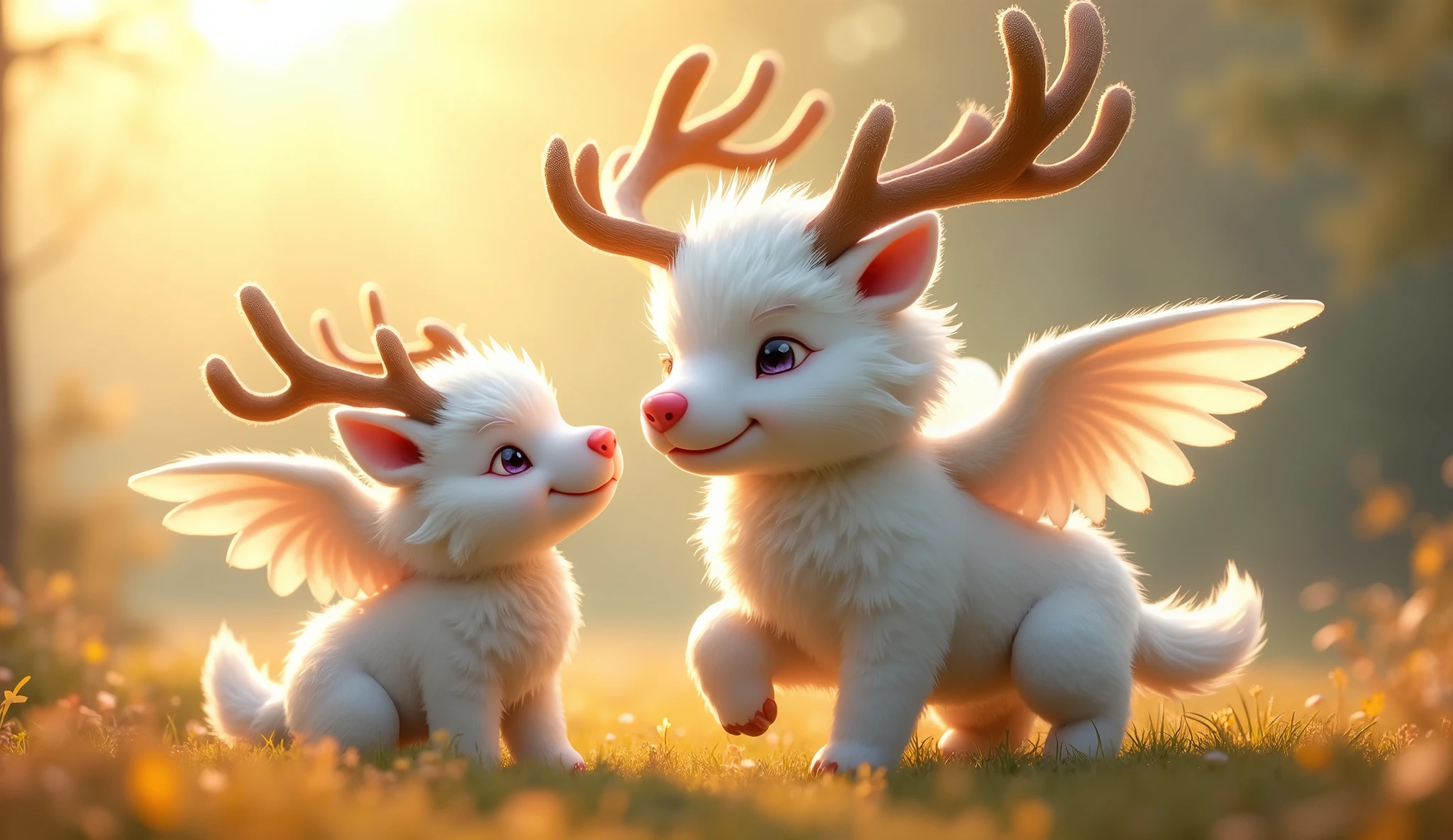 Her hangi bir hayvan, playing together, 32K UHD, warm tone, afternoon sunlight, white fur, pink snout, antlers, white wings