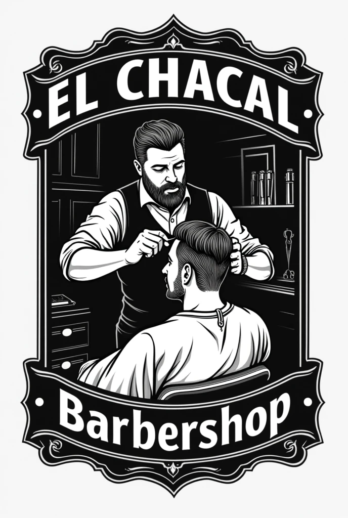 Black and white barbershop logo with the name El Chacal barbershop with a drawing of someone cutting hair