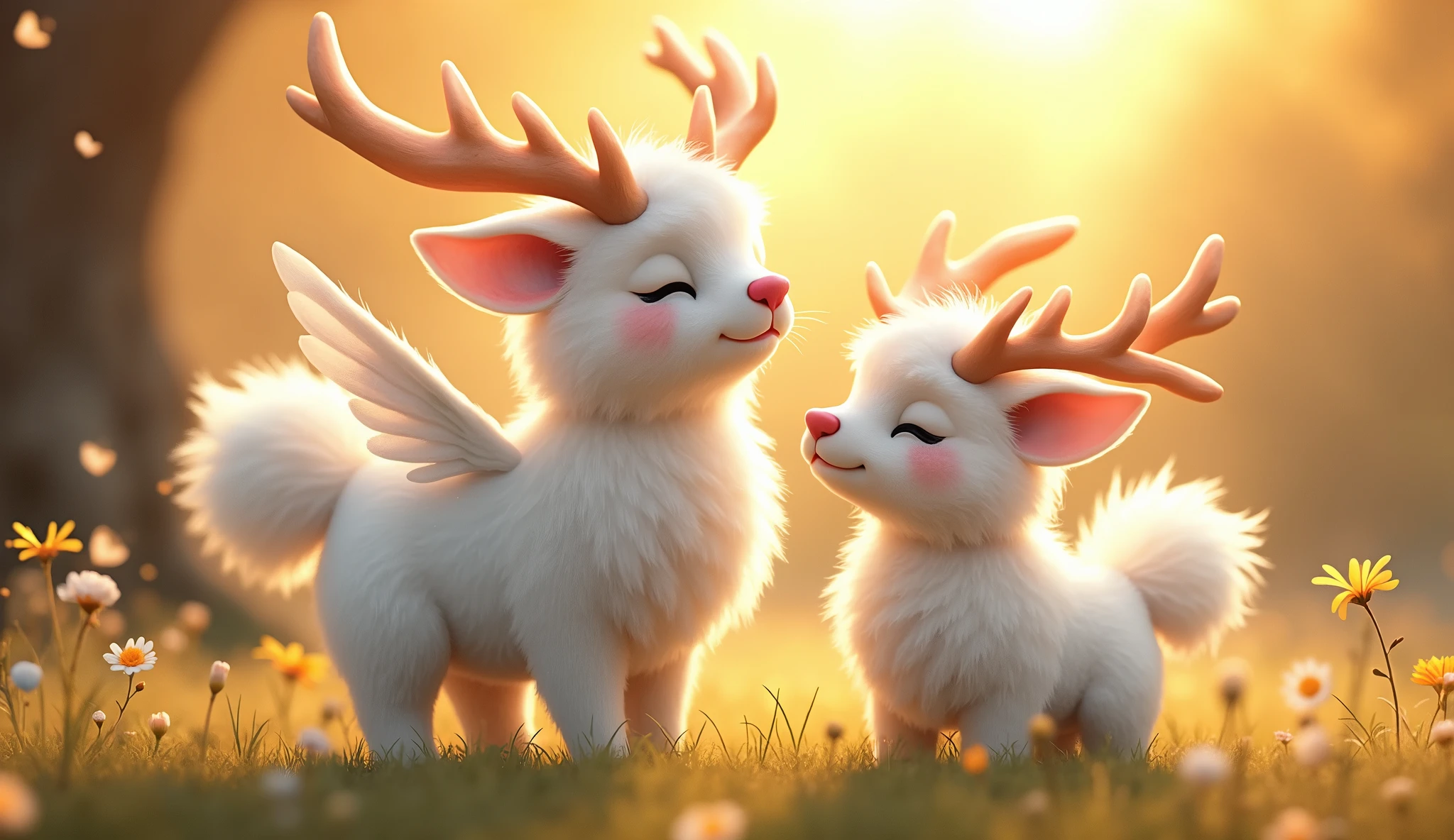 Her hangi bir hayvan, playing together, 32K UHD, warm tone, afternoon sunlight, white fur, pink snout, antlers, white wings