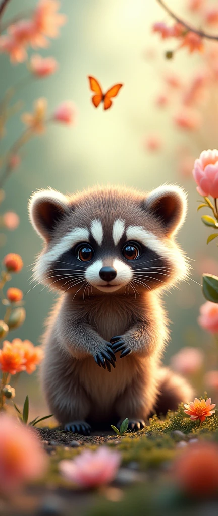 A captivating photograph of a cute extra fluffy baby realistic raccoon with name "caro" in ,with beautiful flowers,heart and butterfly s background,with 3d glass effect,extremely unique,vol.2.typography,product,3d render