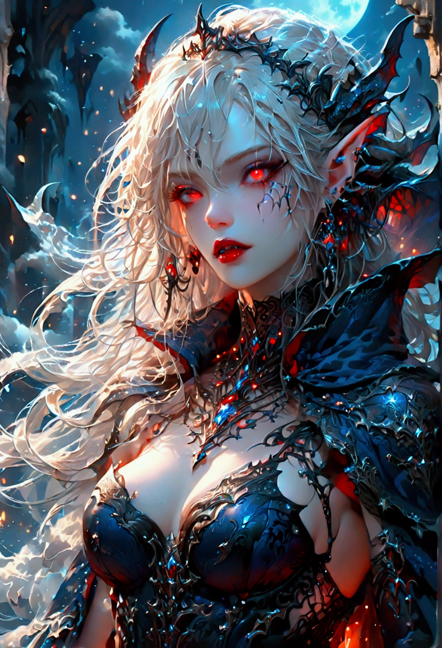 anime comic illustration fantasy art, gothic art, (masterpiece:1.5), full body best details, highly detailed, best quality, Glowing Red, highres, full body portrait of a vampire, elf (Masterpiece, best quality: 1.6), ultra feminine, wizard, (intricate details, Masterpiece, best quality: 1.5) with a long curvy hair, light color hair, red eyes, busty, ((beautiful delicate face)), Ultra Detailed Face (intricate details, fantasy art, Masterpiece, best quality: 1.5), ((vampiric fangs 1.5)) (blue cloak: 1.3) , flowing cloak (intricate details, fantasy art, Masterpiece, best quality: 1.3), wearing an intricate (black: 1.4) intricate leather dress (intricate details, fantasy art, Masterpiece, best quality: 1.5), high heeled boots, fantasy urban background (intense details, beat details), fantasy, at night light, natural ,moon light, clouds, gothic atmosphere, soft light, dynamic light, [[anatomically correct]], high details, best quality, 8k, [ultra detailed], masterpiece, best quality, (extremely detailed), dynamic angle, FFROA