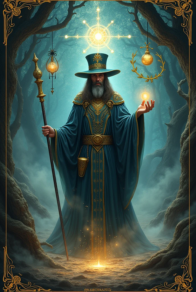 Create the magician tarot card with the name underneath with a mystical environment