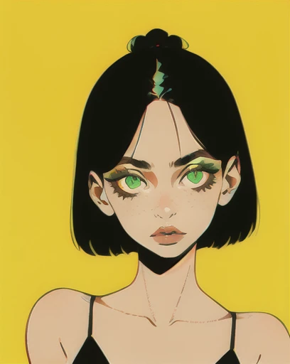 One girl, 20 years old, slanted_green_eyes, siren_eyes, straight_black_hair, pecas, retrato,