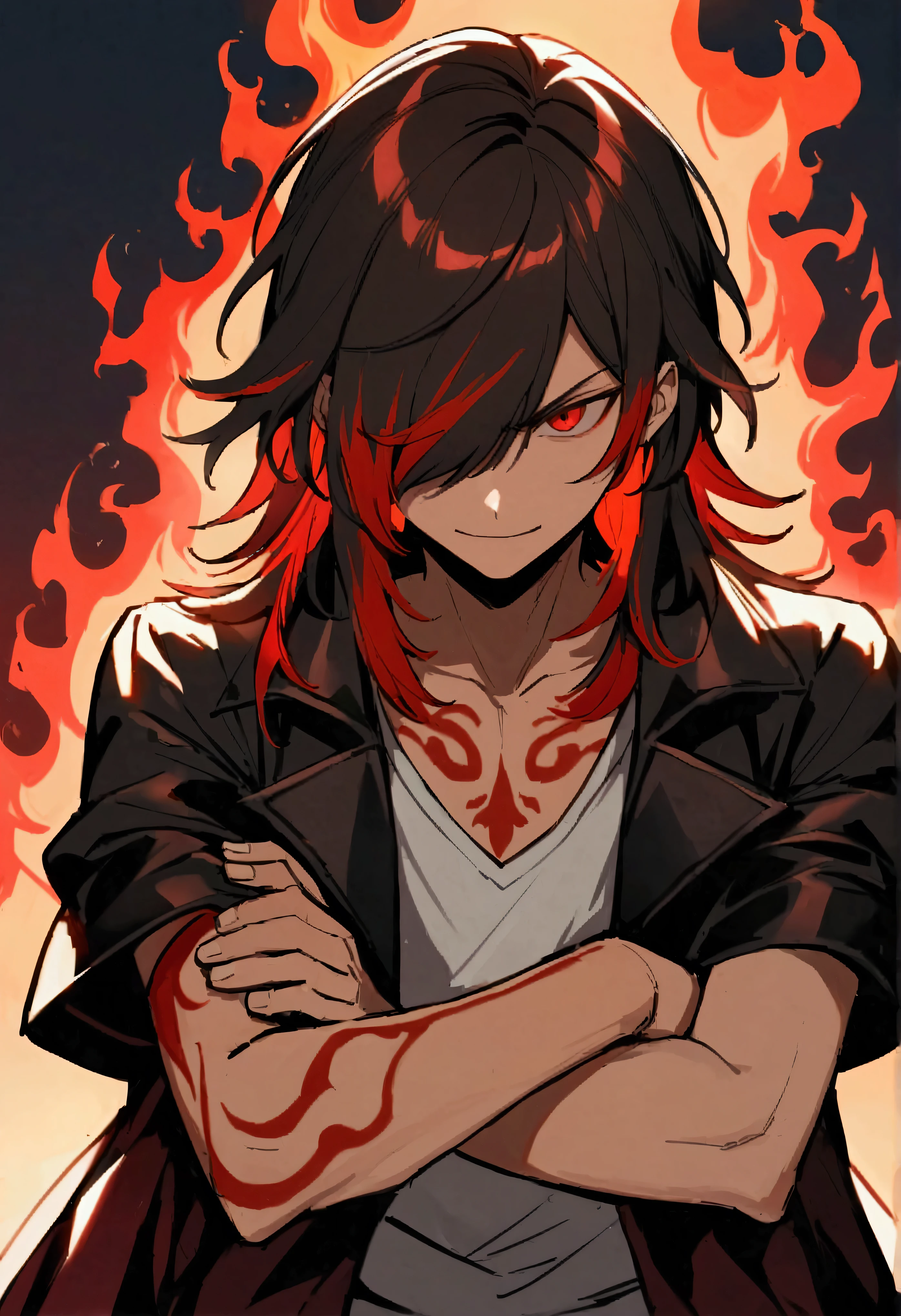 teenage boy, tidy hair, medium length hair, multicolored black and red hair, long bangs covering the left eye, Eyes red, serious face, simple smile, white  shirt, dark red loose-fitting short-sleeved ripped overcoat, red tattoos on the body, fiery aura, crossed arms.
