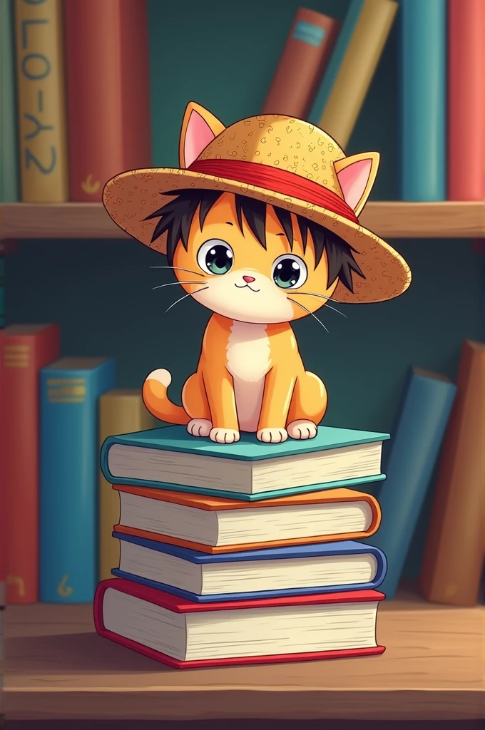 Ai logo with kitten wearing Luffy's hat sitting on anime books, behind a shelf with anime books