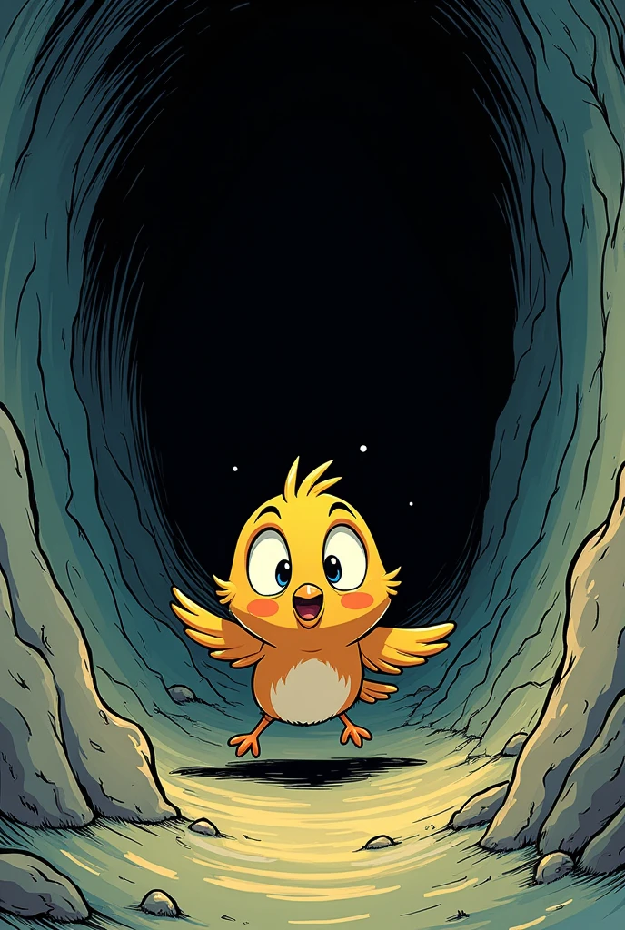 Drawing of a scared little bird trapped at the bottom of a hole, comic book style