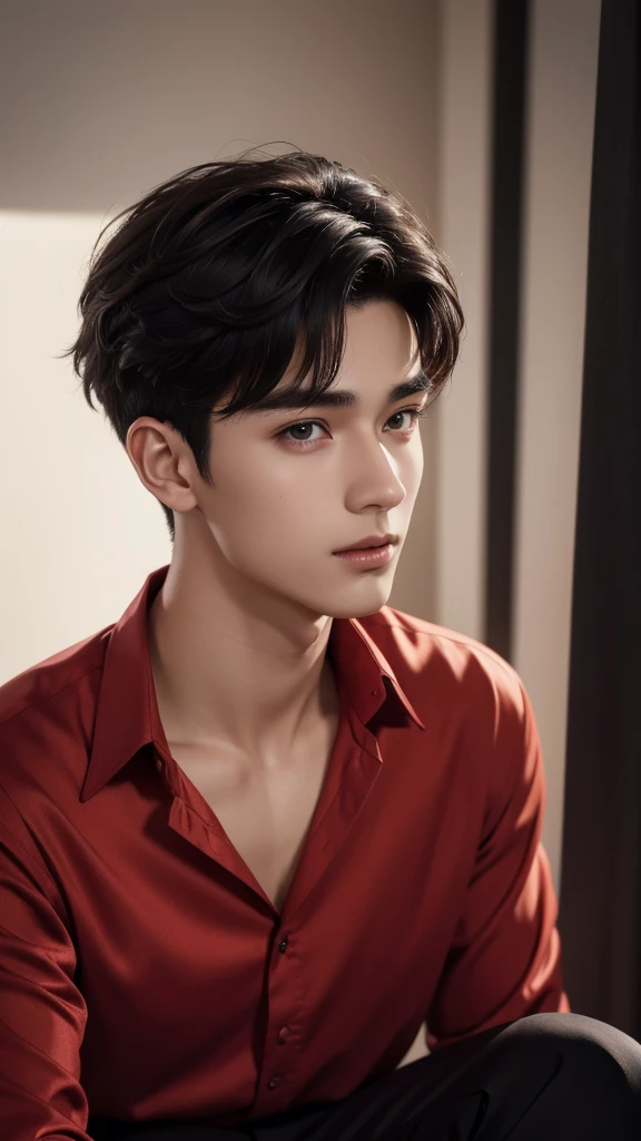 (absurdres, highres, ultra detailed, Ultra HD), a cute young man, in his 20s, (wearing a red colour silk shirt and black pants), red hair, short hairstyle, detailed face, perfect facial features, smooth skin, fair skin, white skin, pale skin, beautiful, gorgeous, wet, mature, perfect eyes, sexy gaze, looking at the viewers romantically, portrait,