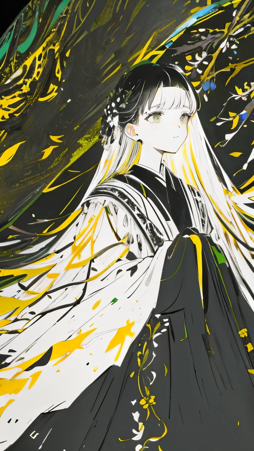 teacher、limited palette、colourfull、landscapes、Woman in wedding dress、the woods、natta、black flowers、black leaves、Detailed background、masterpiece、top-quality、