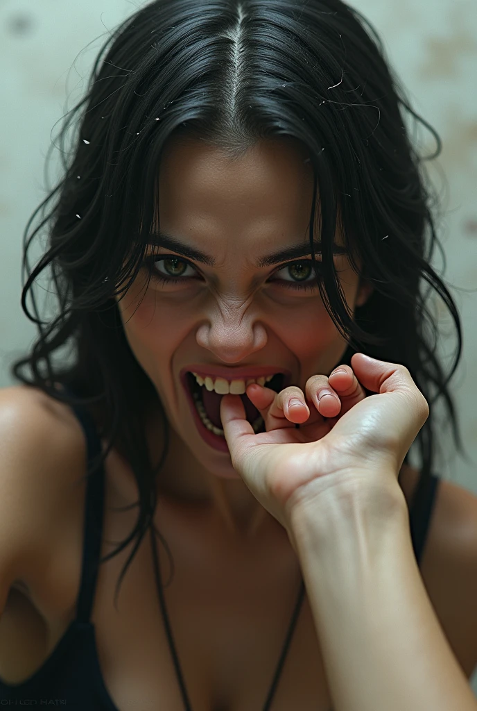 Generate me an image of a girl biting the hand that feeds her