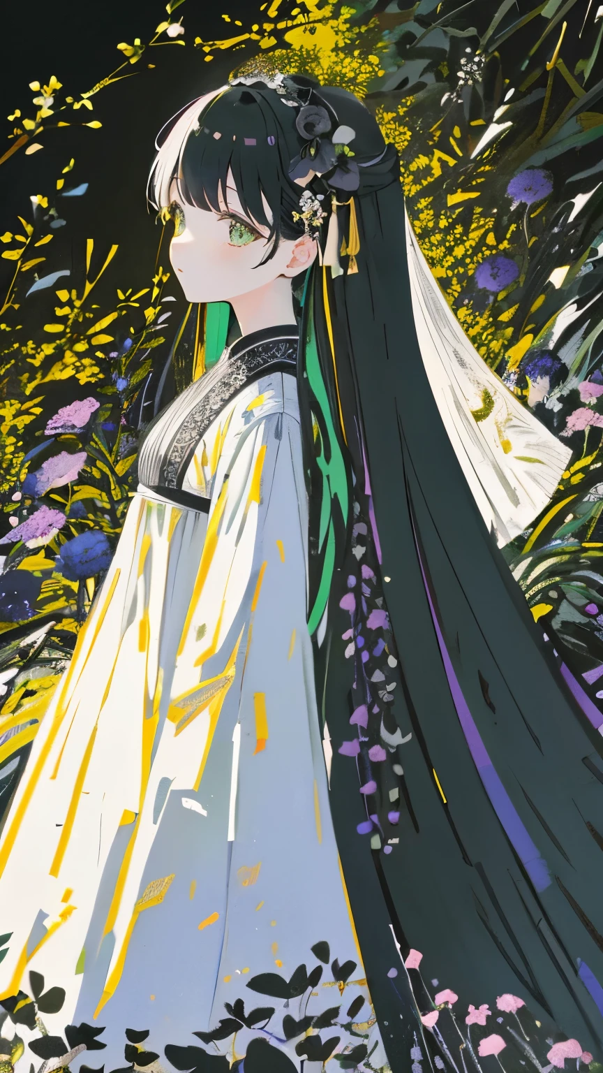 teacher、limited palette、colourfull、landscapes、Woman in wedding dress、the woods、natta、black flowers、black leaves、Detailed background、masterpiece、top-quality、