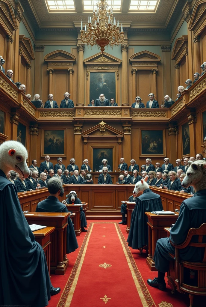 L’assemblée nationale où les députés ont des têtes de vautours les magistrats en robe ont des têtes de babouins, le public des têtes d’oiseaux, les jurés des têtes de moutons, les accusés des têtes de chiens, les témoins des têtes de rongeurs et les avocats en robe des têtes de hyènes
